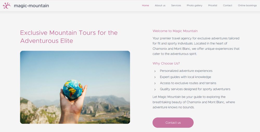 example of a home page of a travel agency generated with Webnodes AI website builder