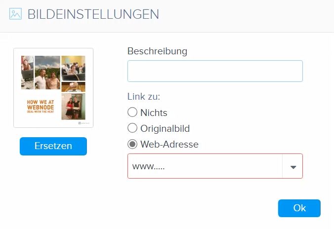 Bildeinstellungen im Webnode Editor, um Bildverlinkungen zu setzen.