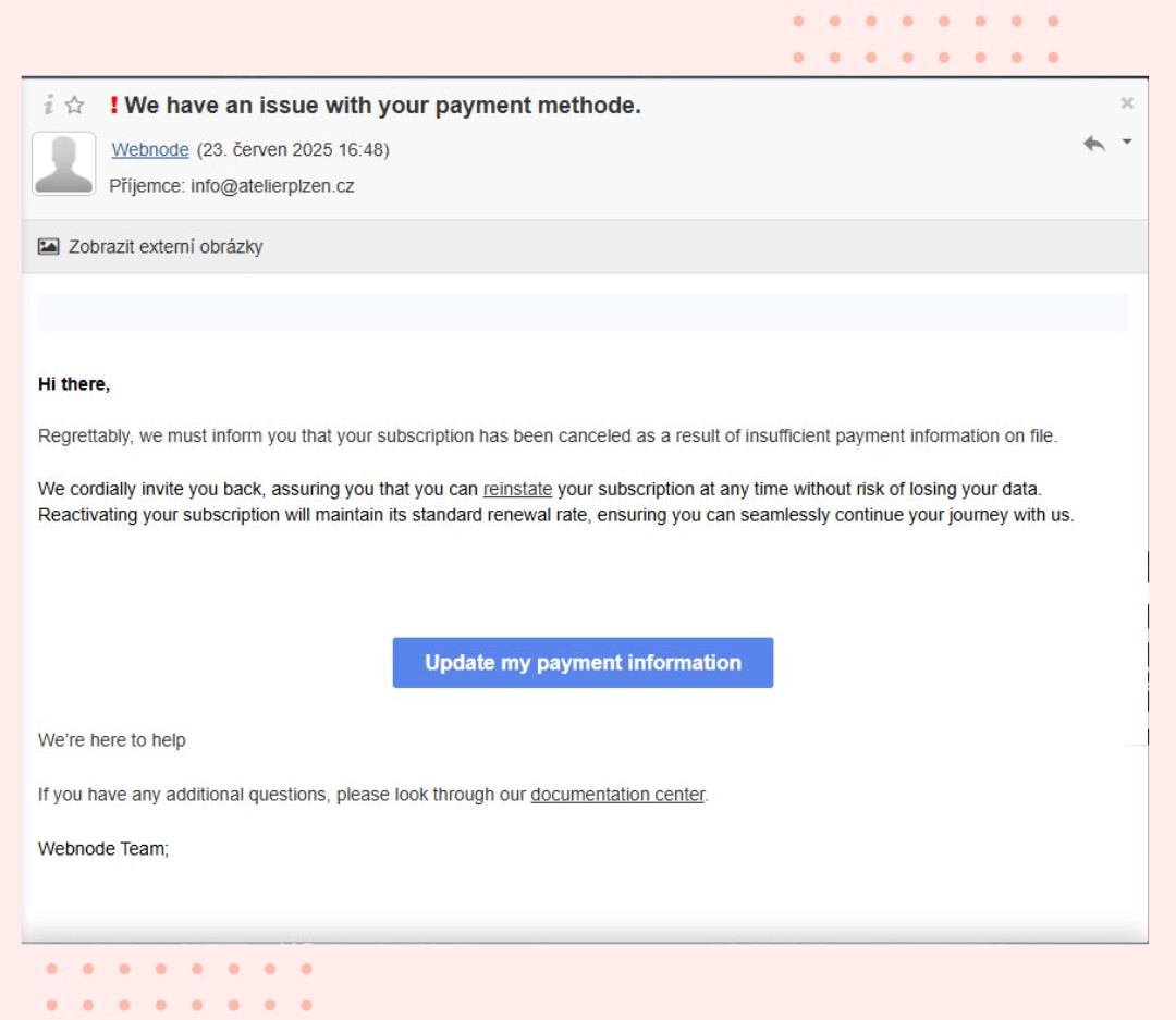 Ein Beispiel einer Phishing-E-Mail, welche einen Webnode-User als Ziel hat 