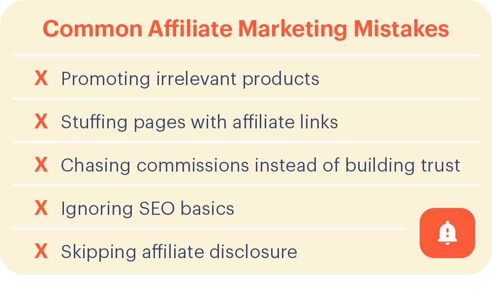 Common affiliate marketing mistakes to avoid, shown in a list