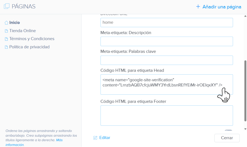Añade el código de verificación HTML en tu editor Webnode, disponible con los planes Standard, Profi o Business.