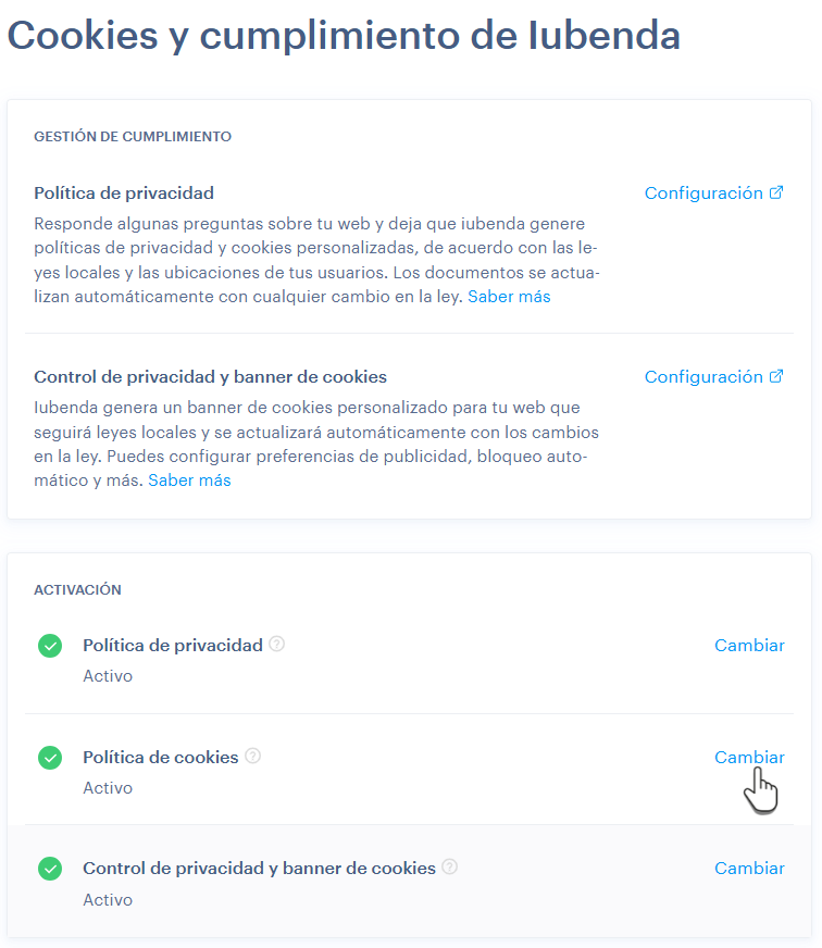Cómo editar la configuración del plugin de iubenda directamente en Webnode