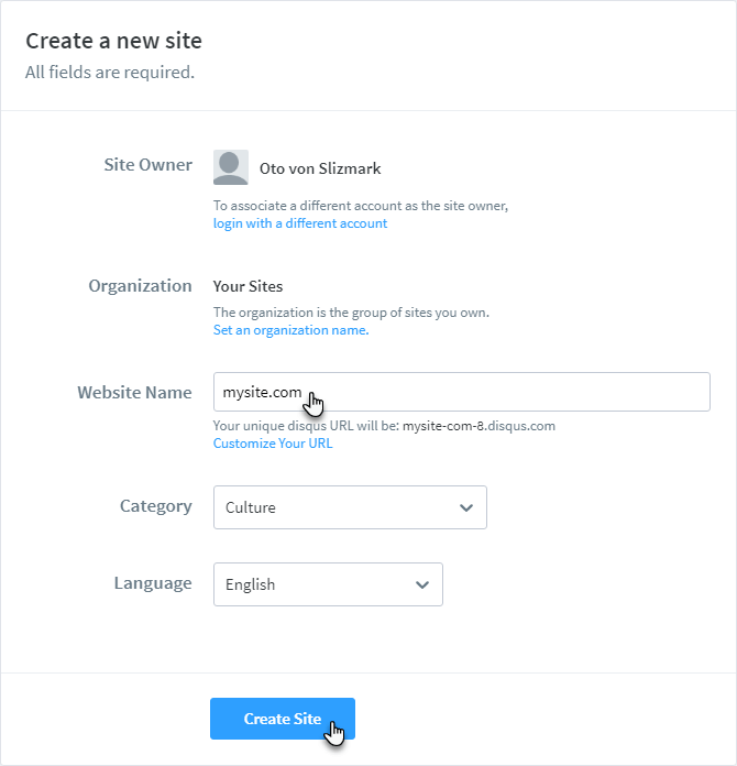 Enter information about site