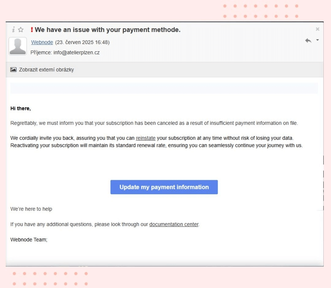Ejemplo de phishing dirigido a los usuarios de Webnode