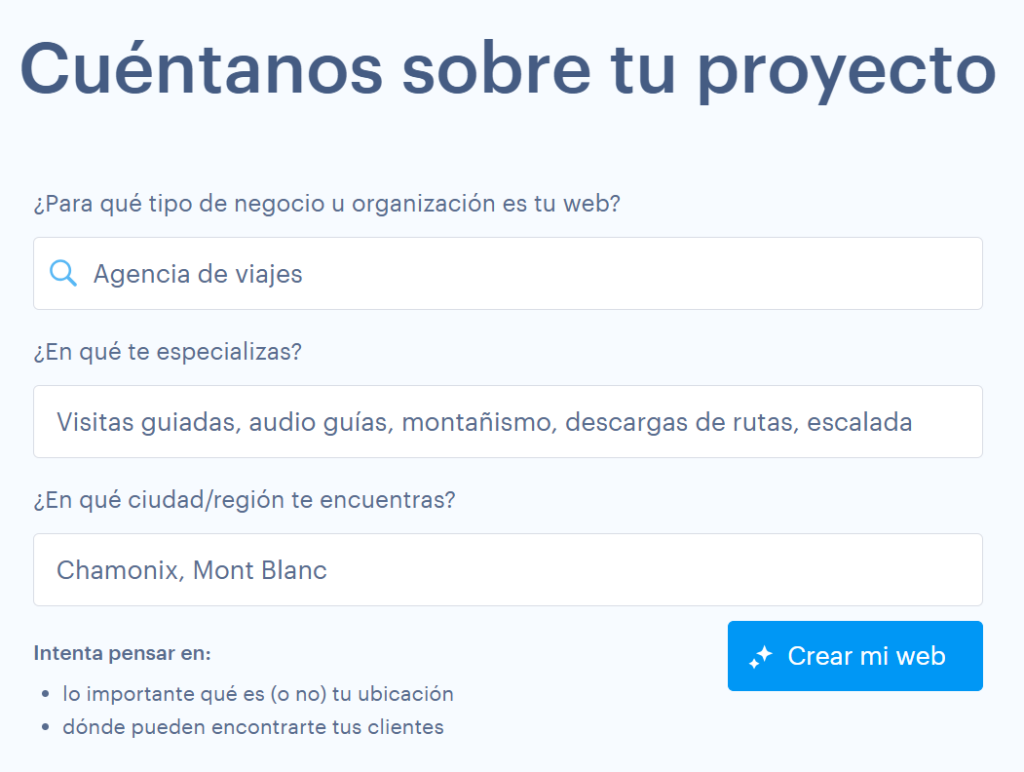 Ejemplo de una breve descripción para una página web de viajes