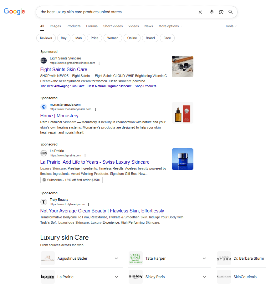 Search results page showing top listings for Best skin care products