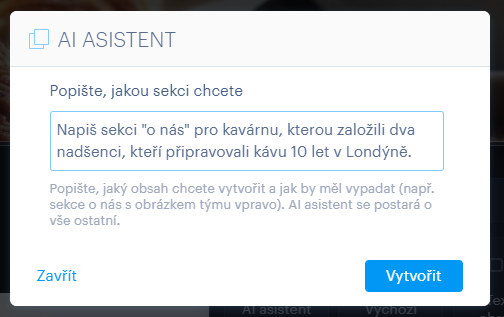Zadání pro AI asistenta k vytvoření úvodní sekce webu kavárny