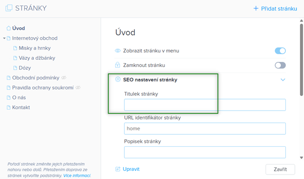 Nastavení SEO titulku stránky v editoru Webnode