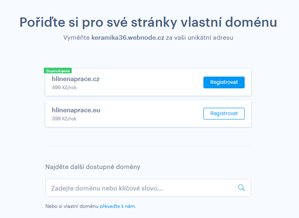 Návrhy dostupných domén při registraci vlastní domény