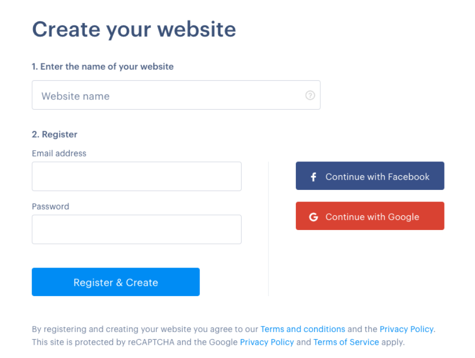 A screenshot showing the menu to create a Webnode account.