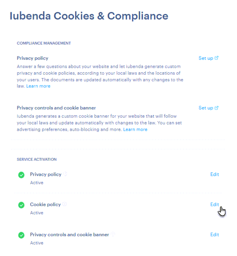 Screenshot showing how to edit Iubenda plugin settings directly in the Webnode editor.