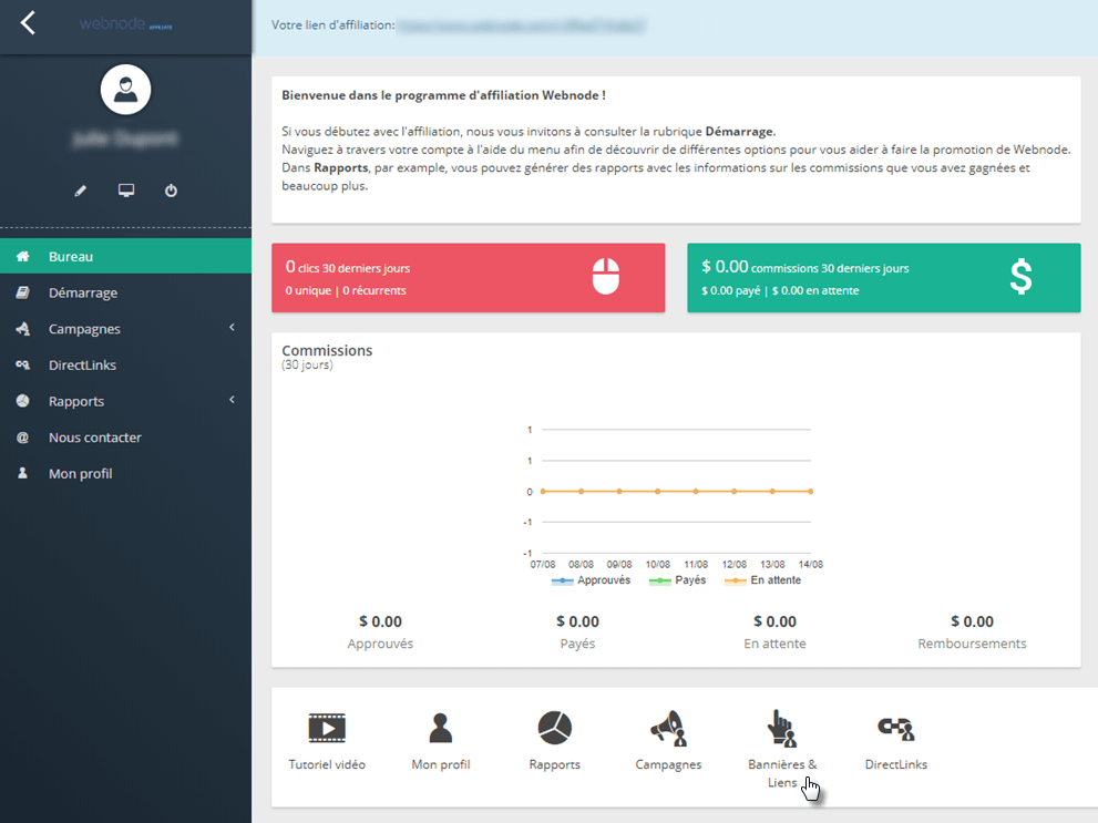 Tableau de bord d'affiliation Webnode Tableau d'affiliation Webnode