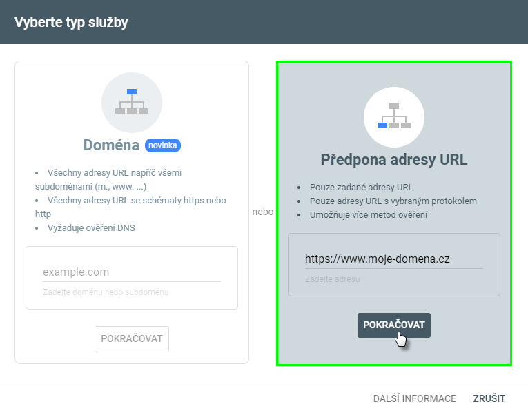 Propojení webu s Google Search Console: registrace