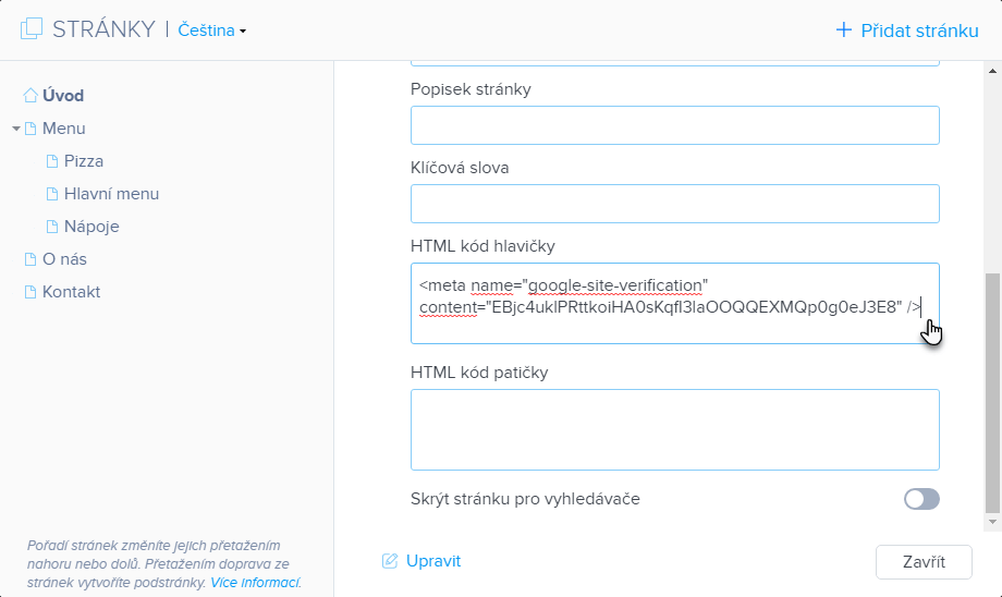 Propojení webu s Google Search Console v editoru Webnode – dostupné od balíčku Standard.