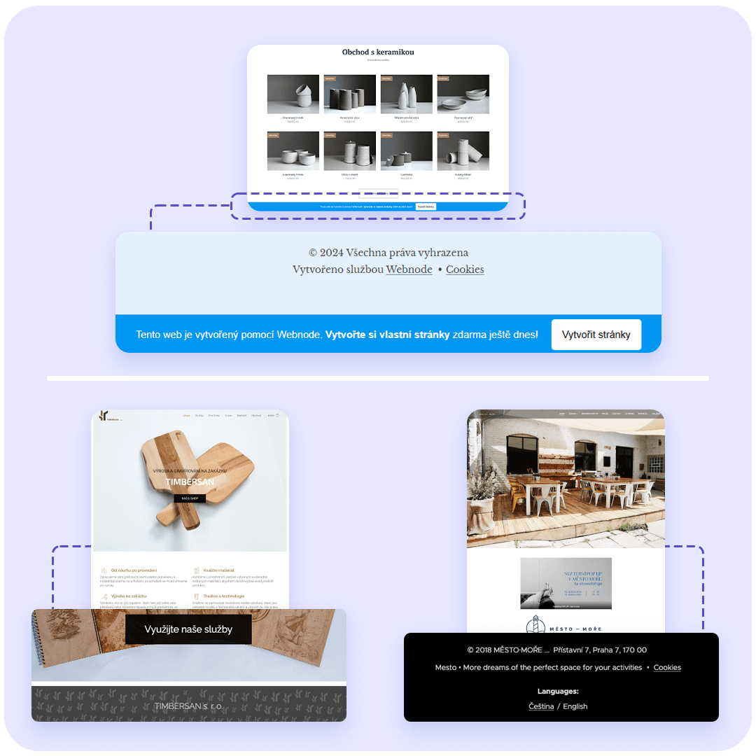 Porovnání webu s bannerem Webnode a webů bez reklamy s vlastní patičkou
