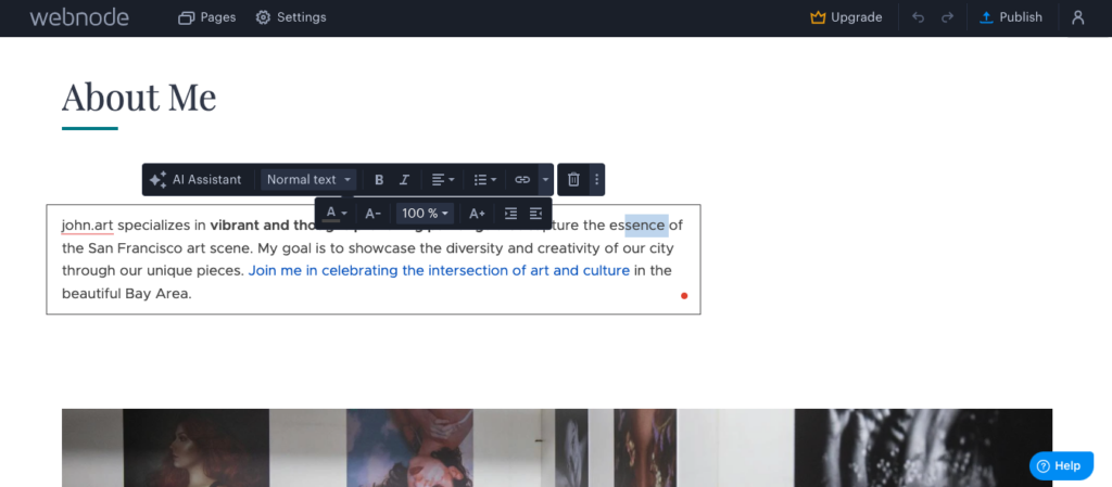 A picture of text being edited in Webnode's website builder.