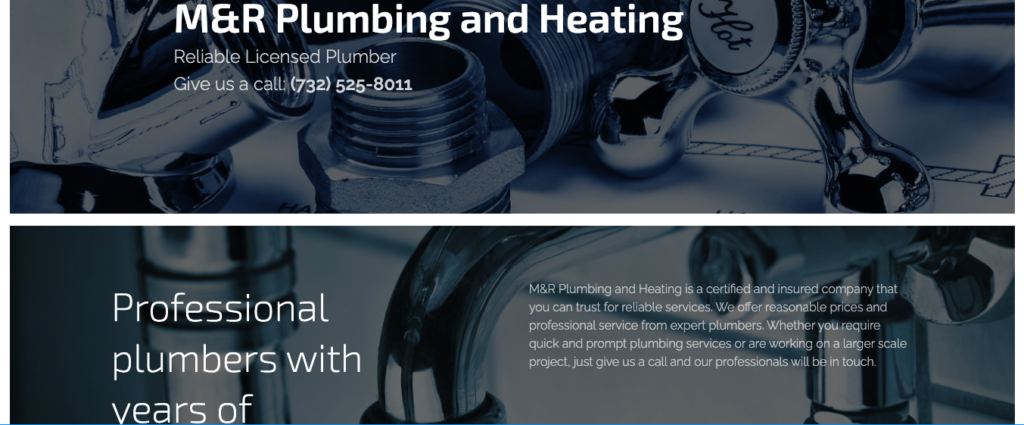 A screenshot showing M&R Plumbing website created with Webnode