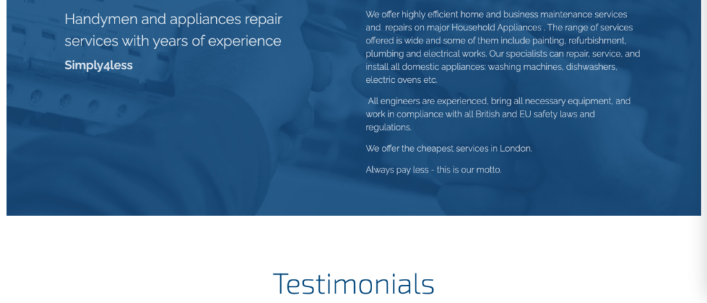 A screenshot of a handyman website created by a Webnode user.