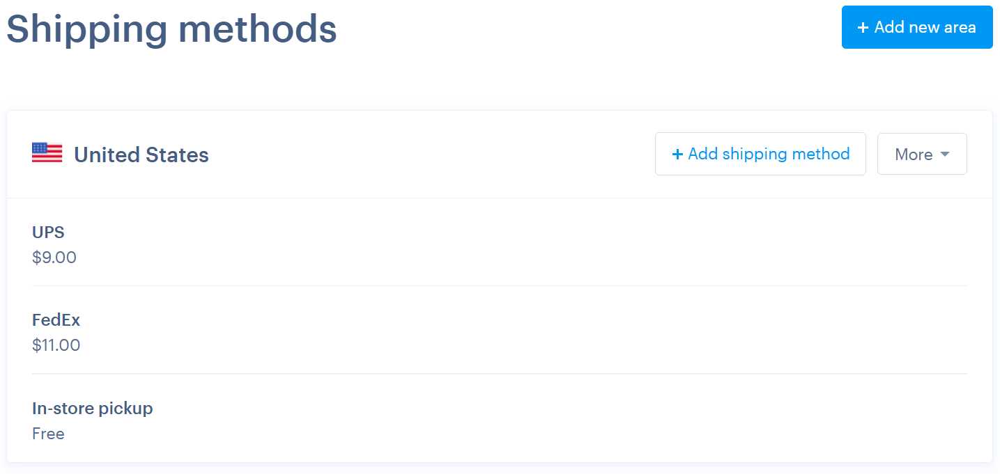 Webnode store settings for configuring shipping methods