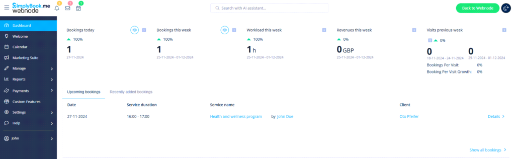 Admin dashboard of SimplyBook.me showing booking management and calendar overview