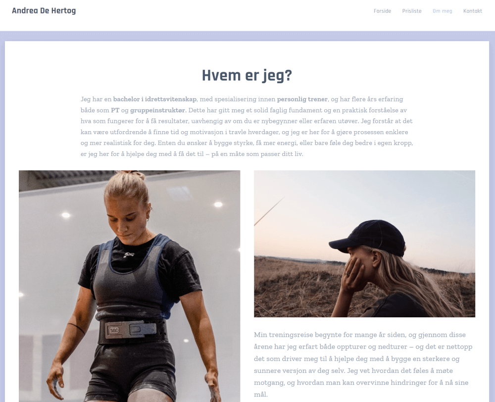 Klares Design der Über mich Seite von Andrea de Hertog Coach und Webnode Kundin