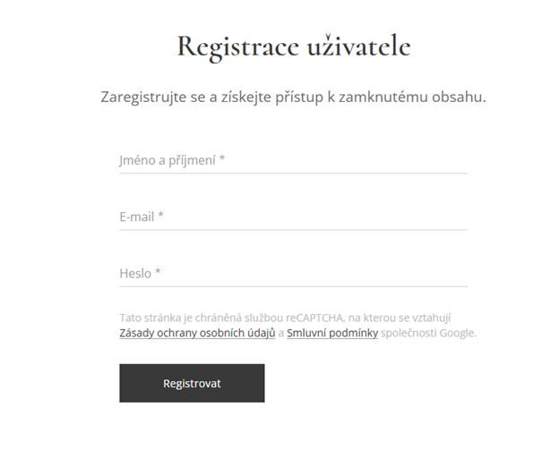 Uzamčená sekce webu: registrace uživatele