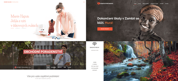 Vlevo nahoře až vpravo dole: hamburger menu, navigační lišta nahoře, navigační lišta dole a navigační lišta vlevo