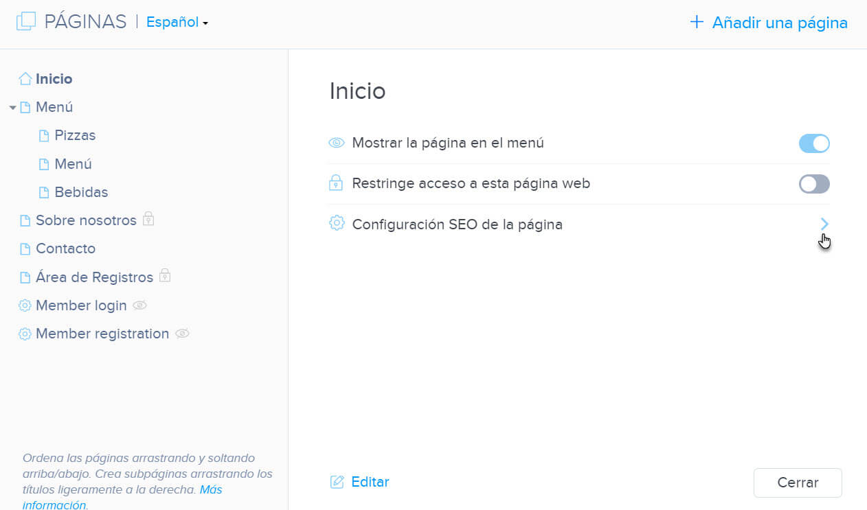 Configuración SEO de la página